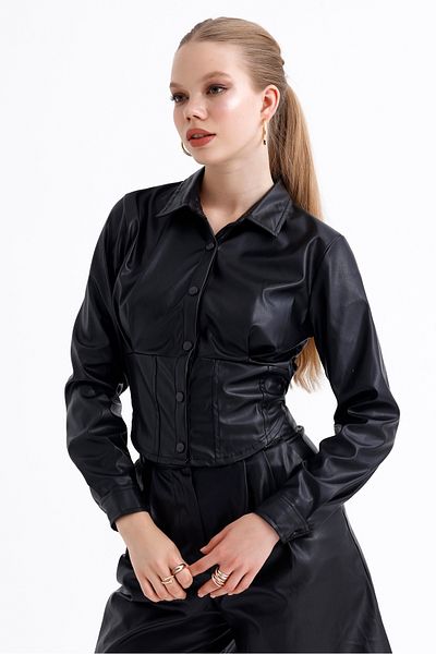 MD trend Cămașă din piele cu corset cu pliuri pentru femei, cu închidere cu apăsare