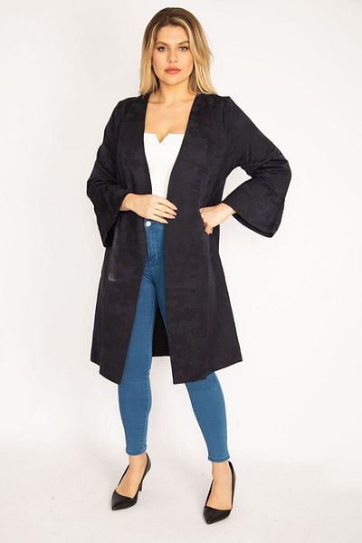 Şans Women's Large Size Navy Blue Flock Printed Unlined Jacket 65n35230