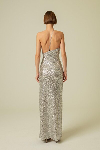 rue Silver Sequined One Shoulder Long Dress