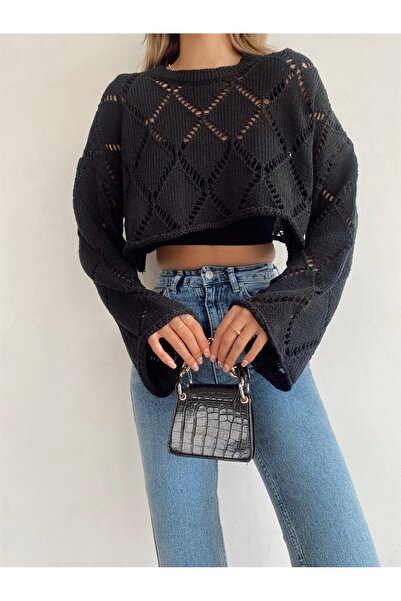 Angel Mia Μαύρο πουλόβερ με διάτρητο σχέδιο Una
