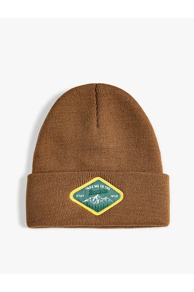 Koton Acrylic College Beret with Landscape Label Printed Folding Detail