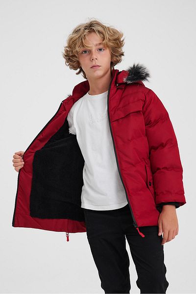 SİVAİST Red Thick Puffer Jacket for Boy - Detachable Hood and Inner Fur