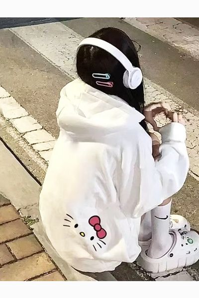 POPULUS Y2K Style Hello Kitty White Front-Back Printed Sweatshirt