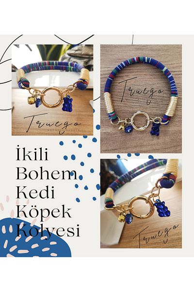 Truego Double Cat Dog Collar Bohemian Cat Necklace Spring Lock - Blue