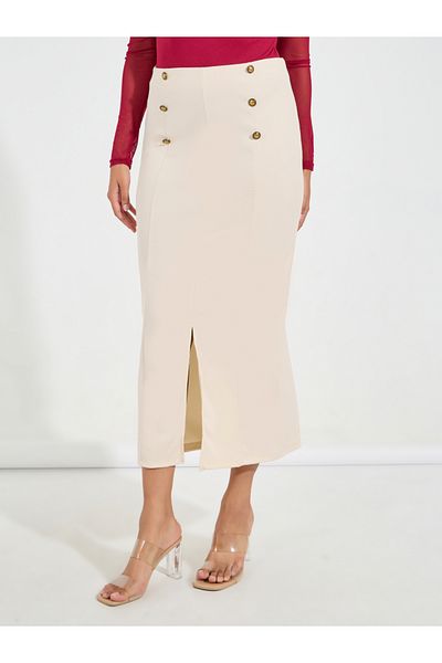 Styli Button Detail Midi Skirt with Split Hem
