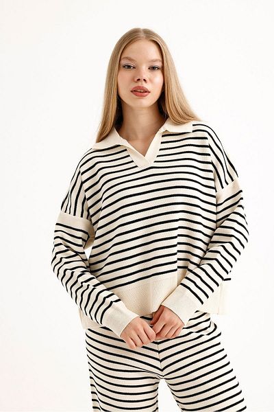 DEMİRBY Women's Shirt Collar Striped Knitwear Set