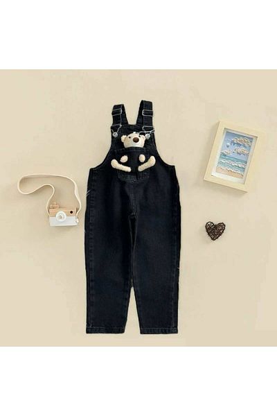 Minigimin Cicileri Girl's Jean Salopet - Square collar, Teddy Bear Detail, Strap, Black