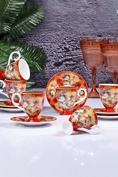 Jenisa Renaissance Red Gold Detailed Elegant Porcelain Coffee Cup Set for 6 People
