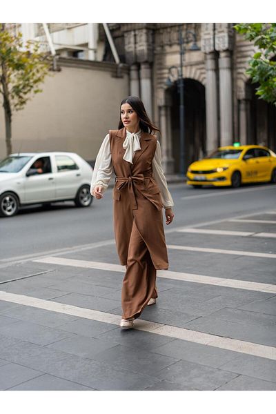 Appleline Long Brown Women's Vest - Belted