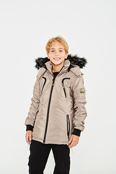 SİVAİST Cream Boy's Water and Windproof Removable Hooded Coat & Coat with Fur...