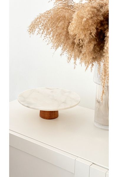 Minika Home Wooden Detailed Natural Marble Cake Cake Stand, Cheese Plate, Presentation Stand (Round Model)