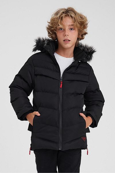 SİVAİST Black Thick Puffer Jacket for Boy - Detachable Hood and Fur Detail