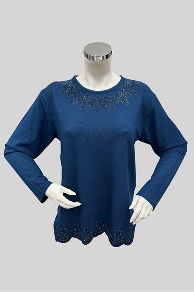 Moda Zeyn Bluză albastră din bumbac pieptănat din viscoză - Guler de fustă cu detalii de piatră