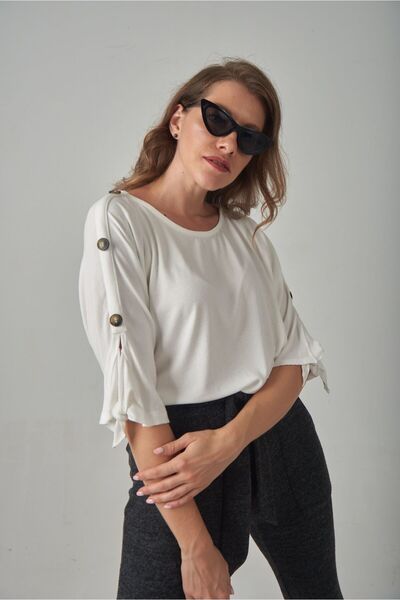 Blue Petrol Women's Ribbed Look Button Detailed Round Neck Blouse