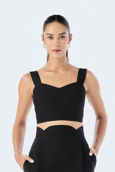 Rue Studio Top crop negru cu guler pătrat cu bretele groase