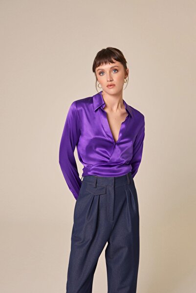 rue Tie-Up Silk Crop Purple Shirt Blouse