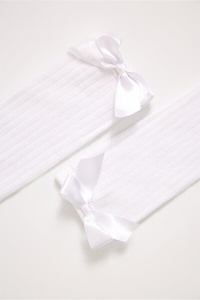 Katia&Bony Бели детски чорапи с детайли от сатенена панделка до коляното