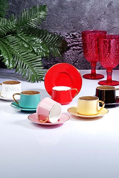 Jenisa Colorful Porcelain Gilded Turkish Coffee Cup Set for 6 People - Shiny and Stylish Design