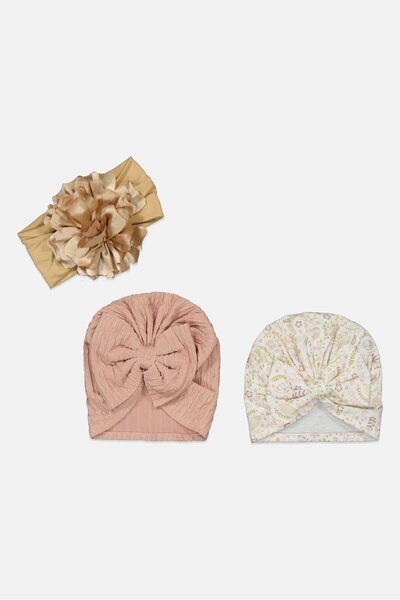 Bebe Toddlers 3 Pc Girl Printed Front Bow Turban Hats, White Combo
