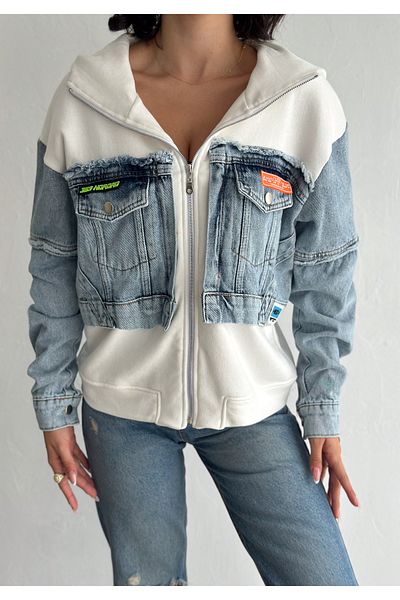 FEMELLE Jachetă albă de damă, cu fermoar, cu buzunar din denim, cu glugă