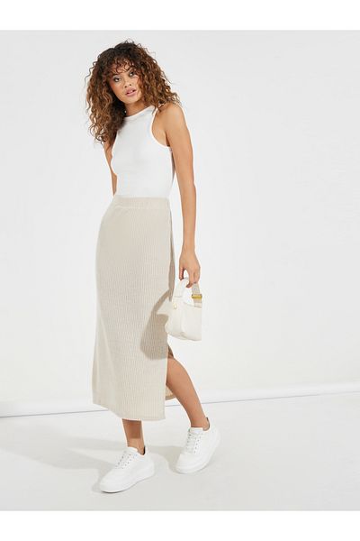 Styli Rib Knit Bodycon Midi Skirt with Side Slit