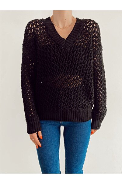 Angel Mia V-Neck Perforated Knitwear Black