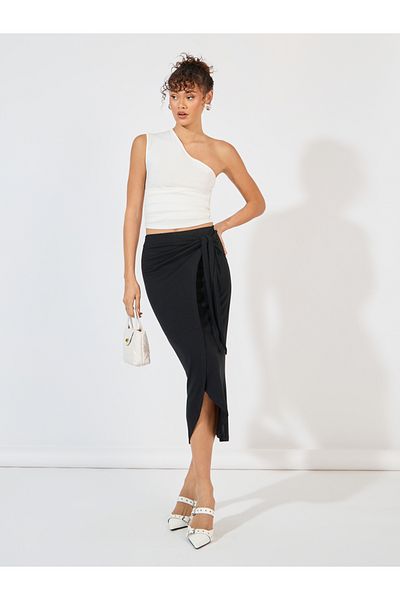 Styli Solid Wrap Midi Skirt with Tie-Up