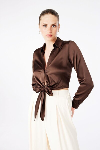 rue Tie-Up Silk Crop Brown Shirt Blouse