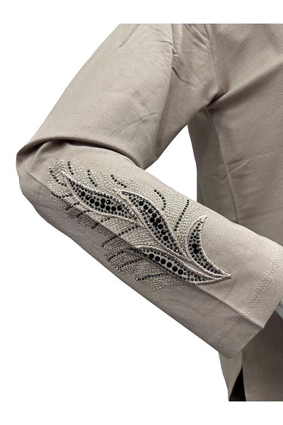 Moda Zeyn Μπεζ μητρική χτενισμένη βαμβακερή μπλούζα - ύφασμα βισκόζης, κομψό σχέδιο φύλλων και κέντημα με πέτρες