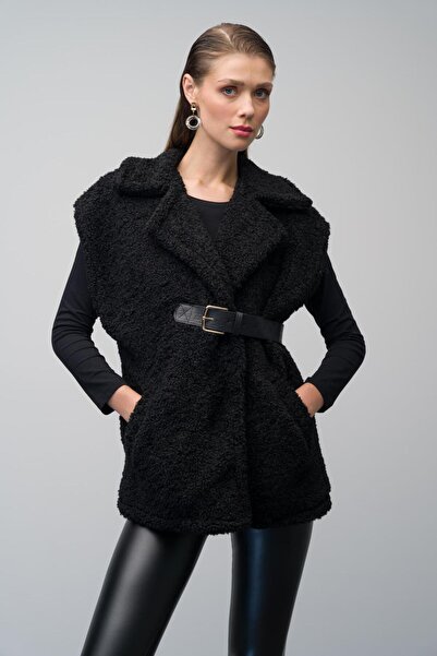 Olcay Casual Leather Belted Vest - Black 8242