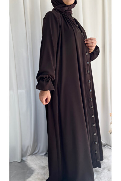 afife Medine İpeği Acı Kahve Boyun Büzgülü Düğmeli CEPLİ  Tesettür Ferace