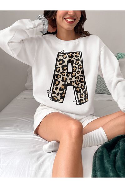 SUNFREE Λεοπάρ Letter A Λευκό Oversize Φούτερ