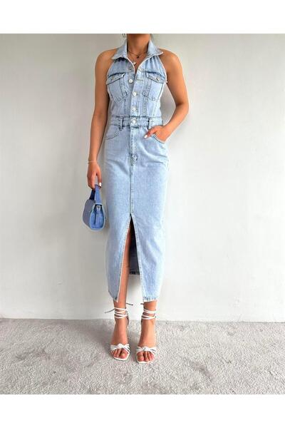 Angel Mia Arkası Açık Jean Elbise Kar Yıkama Mavi