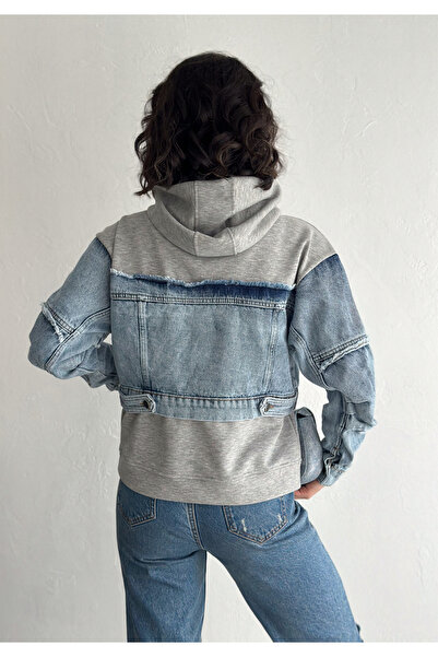 FEMELLE Women's Gray Zippered Pocket Jeans Detailed Hooded Design Jacket