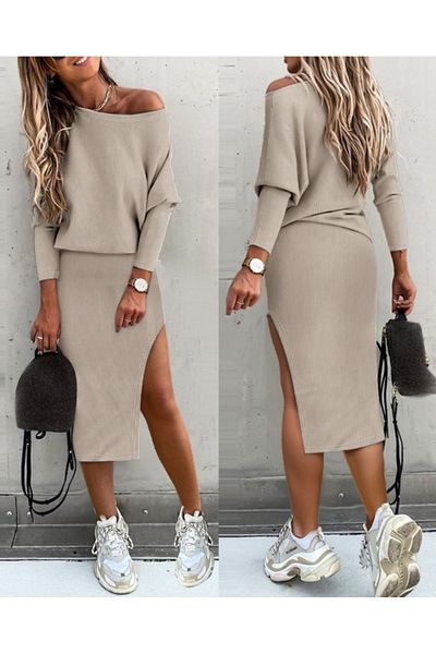 Trendusfashion Low Shoulder Slit Detail Camisole Skirt Blouse Double Set
