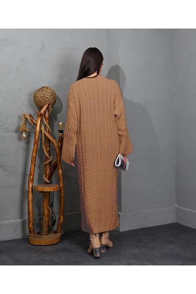 DRESSY CL Γυναικείο πλεκτό φόρεμα με λαιμόκοψη με μοτίβο με πλέγμα με φαρδύ μανίκι Άνετο γυναικείο πλεκτό φόρεμα μεσαίου μήκους