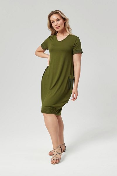 Ebsumu Khaki Plus Size Dress - Pocket and Sleeve Mesh Detail