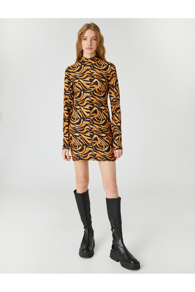Koton Mini Winter Pencil Dress Leopard Pattern High Collar Long Sleeve