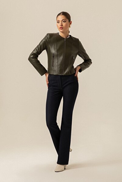 rue Zipper Detailed Khaki Leather Jacket