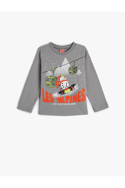 Koton T-Shirt Long Sleeve Crew Neck Winter Themed Cotton