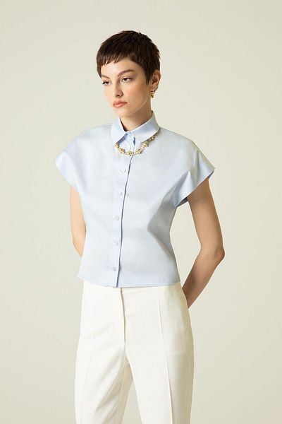 rue. Short Sleeve Blue Poplin Shirt