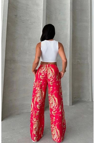 Selence Red Palazzo Pants - Elastic Waist and Patterned