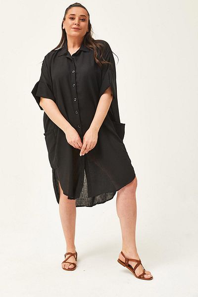 Ebsumu Women's Plus Size Low Sleeve Extra Comfortable Fit Linen Black Shirt Dress