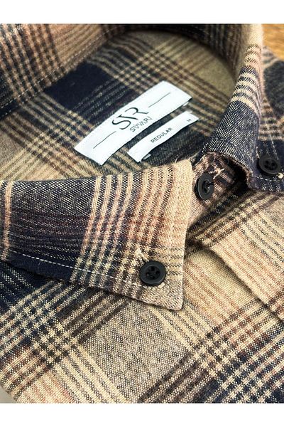 SÜVARİ Χειμερινό πουκάμισο Süvari Loose Fit Beige καρό φανελένιο με τσέπες