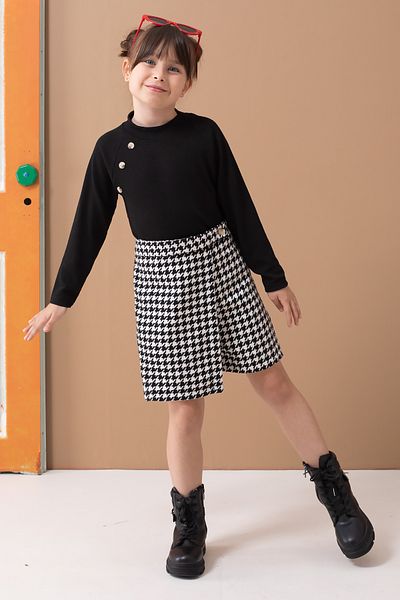 Cansın Mini Μαύρο σορτς με μοτίβο Houndstooth με φούστα και κοριτσίστικο κοστούμι Badili 19558