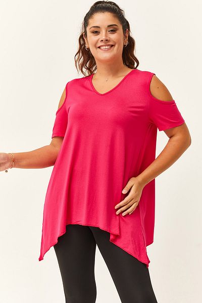 Ebsumu Women's Plus Size Off-the-Shoulder Asymmetrical Cut Pink Blouse