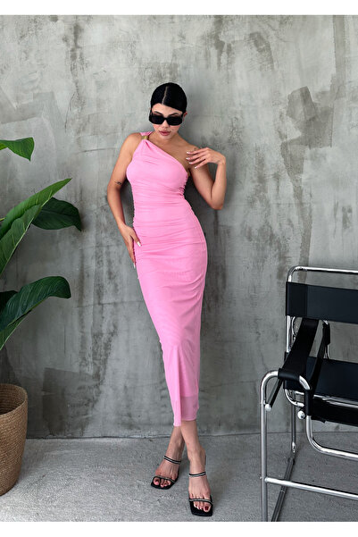 Angel Mia Rochie lungă cu o singură mânecă roz