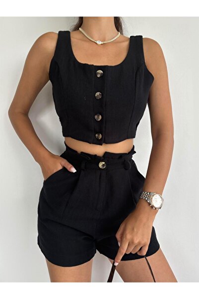 Angel Mia Σετ μαύρο λινό σορτς - με κουμπιά