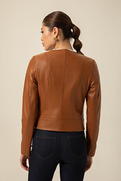rue Tan Leather Jacket with Zipper Detail