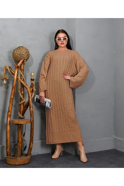 DRESSY CL Γυναικείο πλεκτό φόρεμα με λαιμόκοψη με μοτίβο με πλέγμα με φαρδύ μανίκι Άνετο γυναικείο πλεκτό φόρεμα μεσαίου μήκους